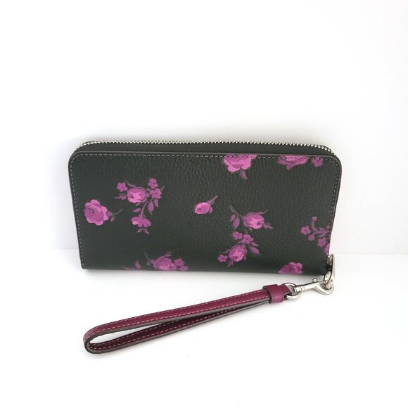 Coach CCL36 Long Zip Around Wallet Floral Print Pebbled Leather Black Purple - Picture 3 of 7